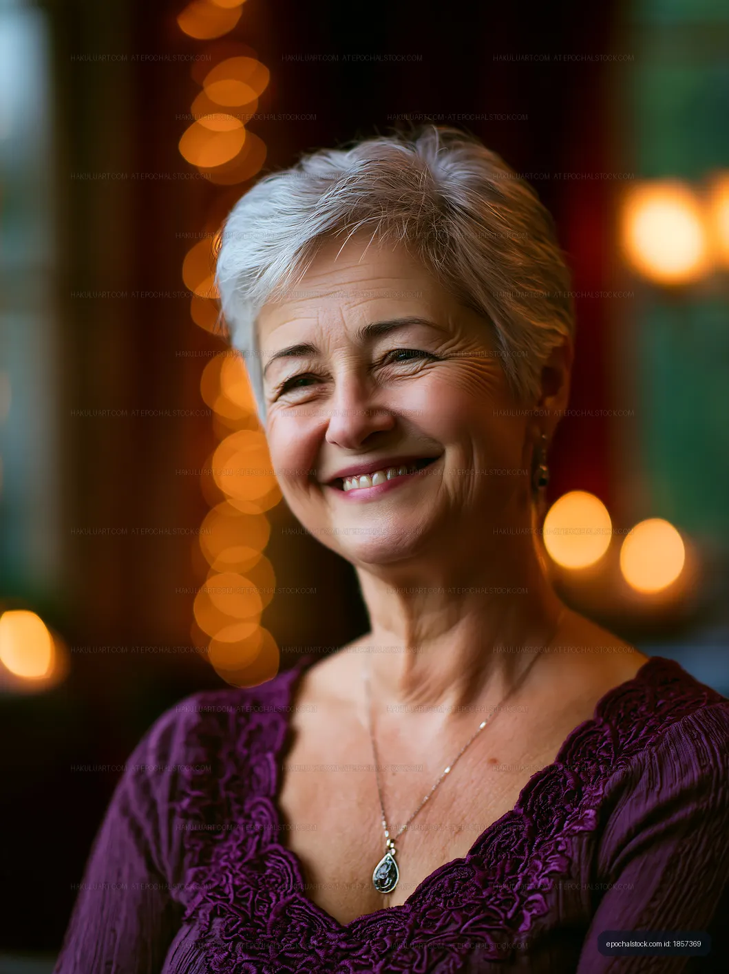 Elderly woman smiling with decorative lights in the background