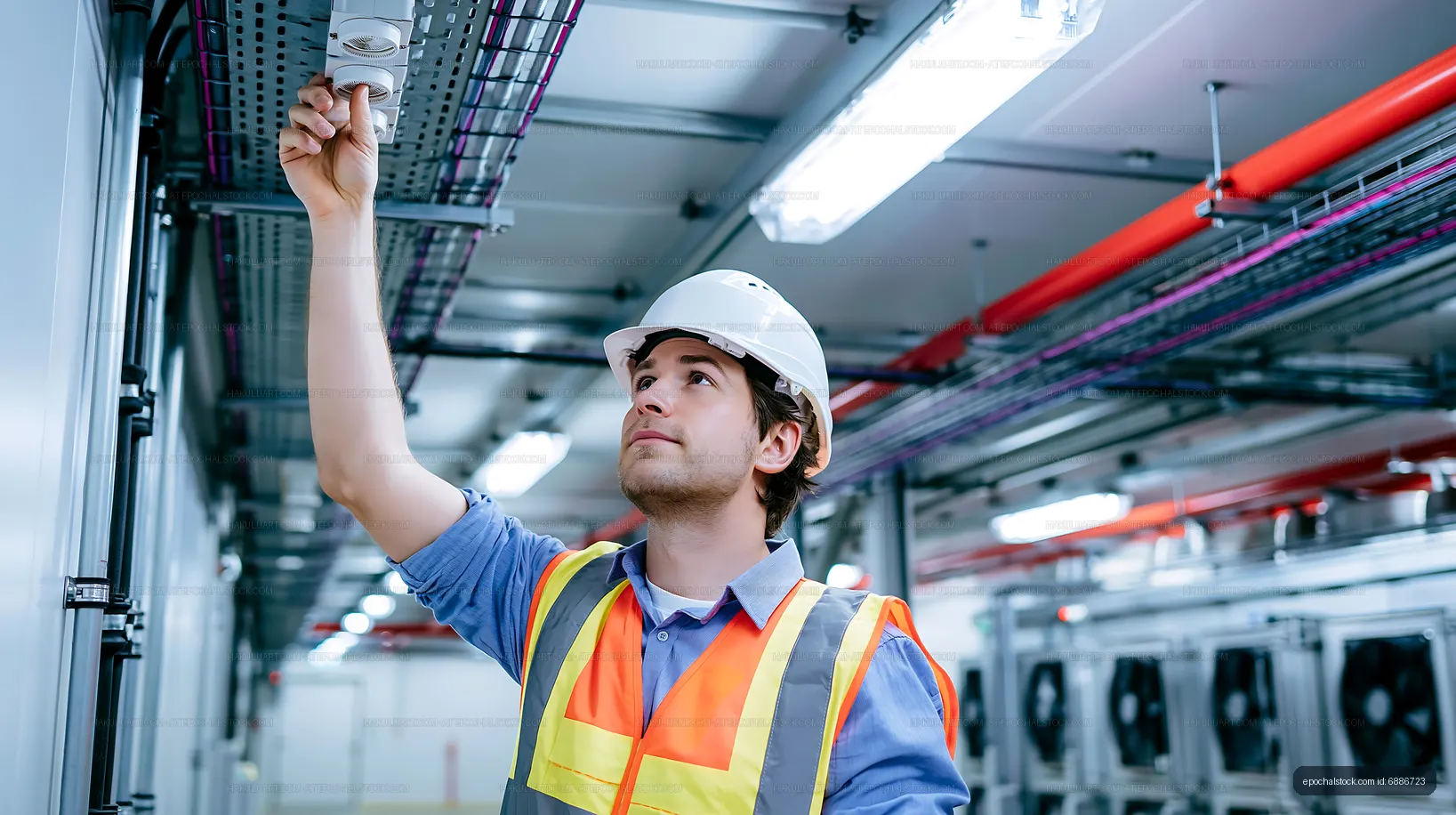 Worker checks equipment in an industrial facility hallway