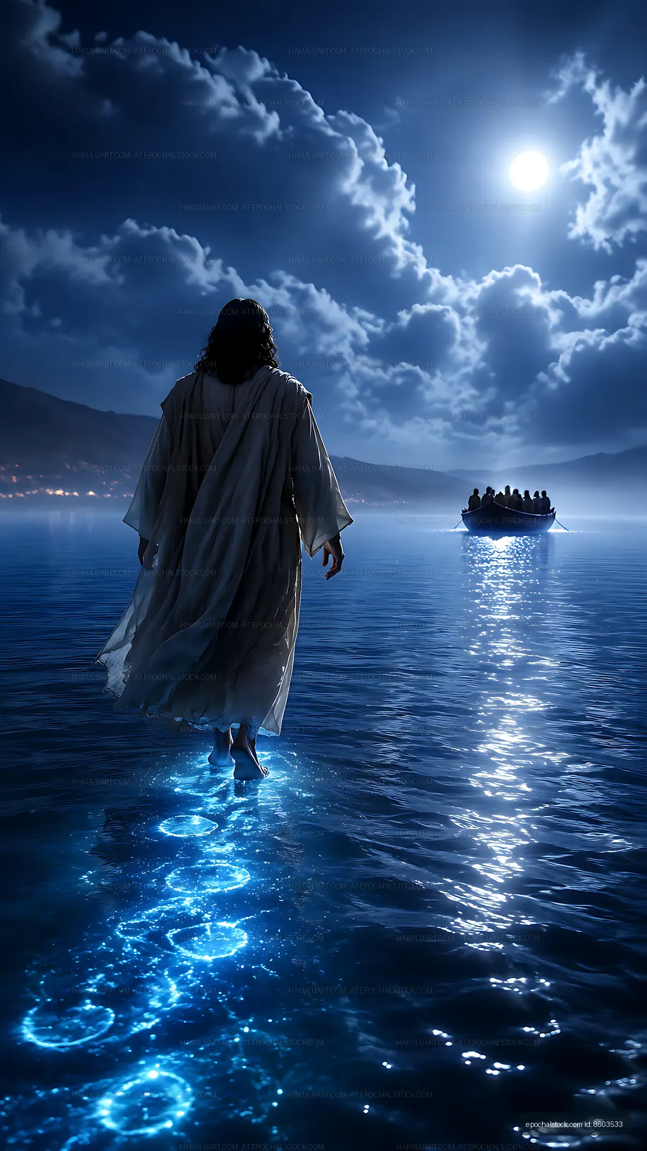 Walking on water at night under a moonlit sky