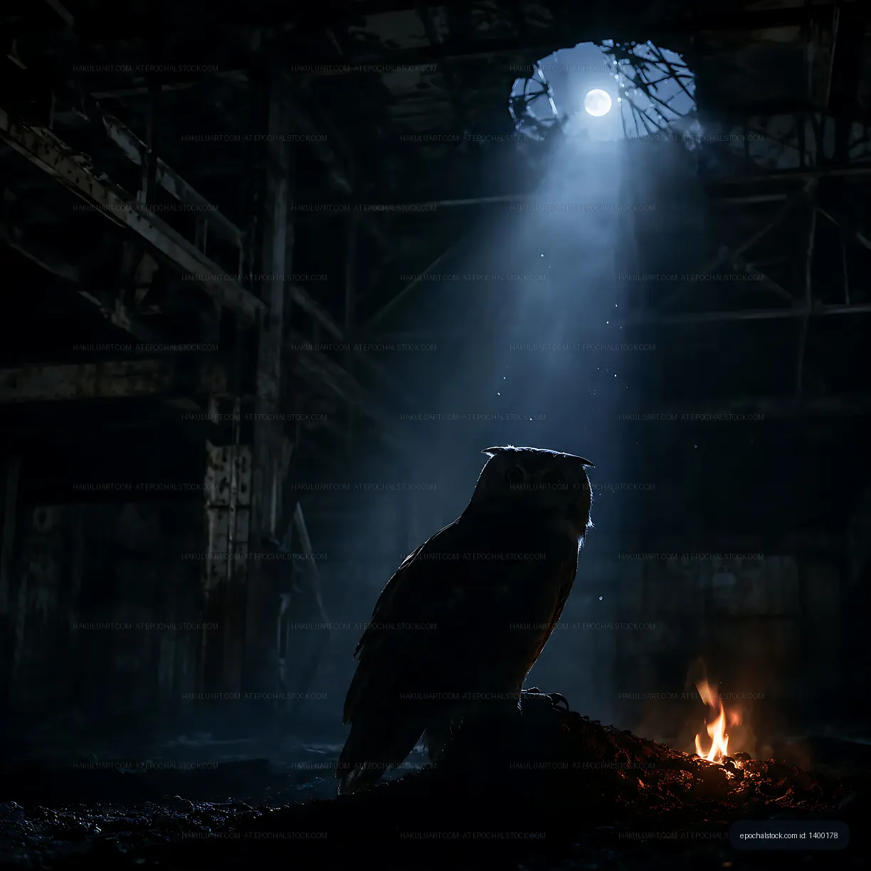 Owl perched in a dark warehouse under moonlight