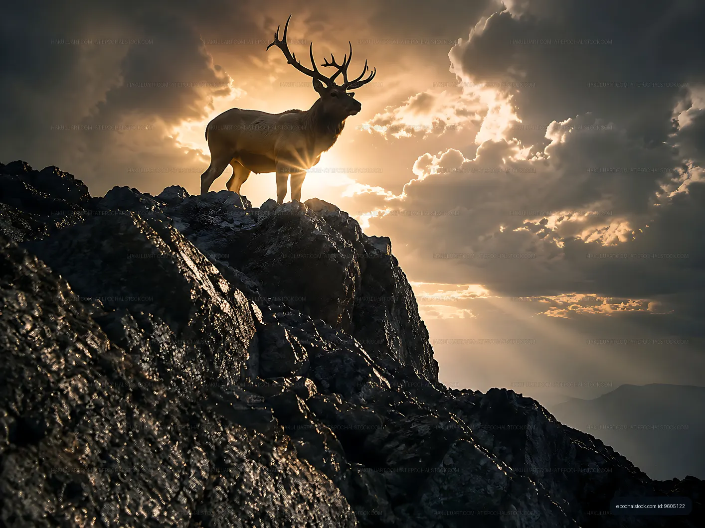 Stag standing on mountain rock at sunset