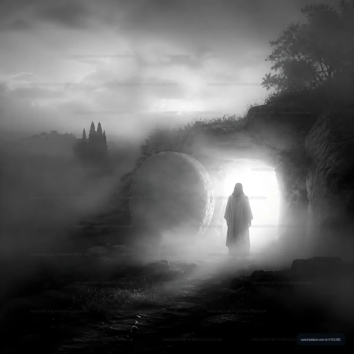 Figure standing near illuminated cave entrance in fog