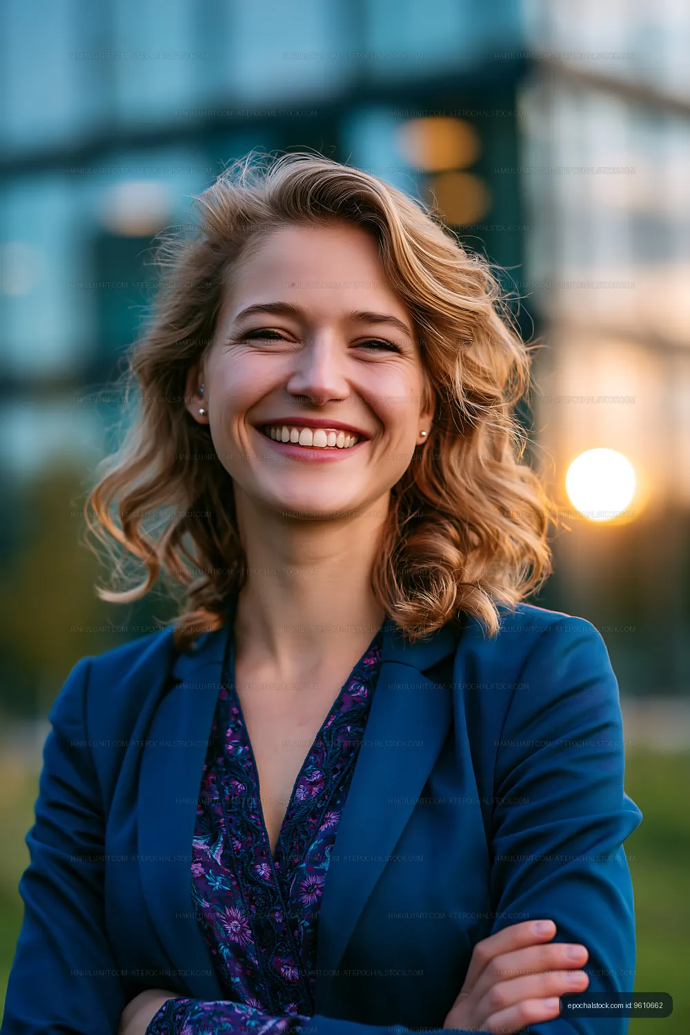 Businesswoman smiling outdoors at sunset in a city park