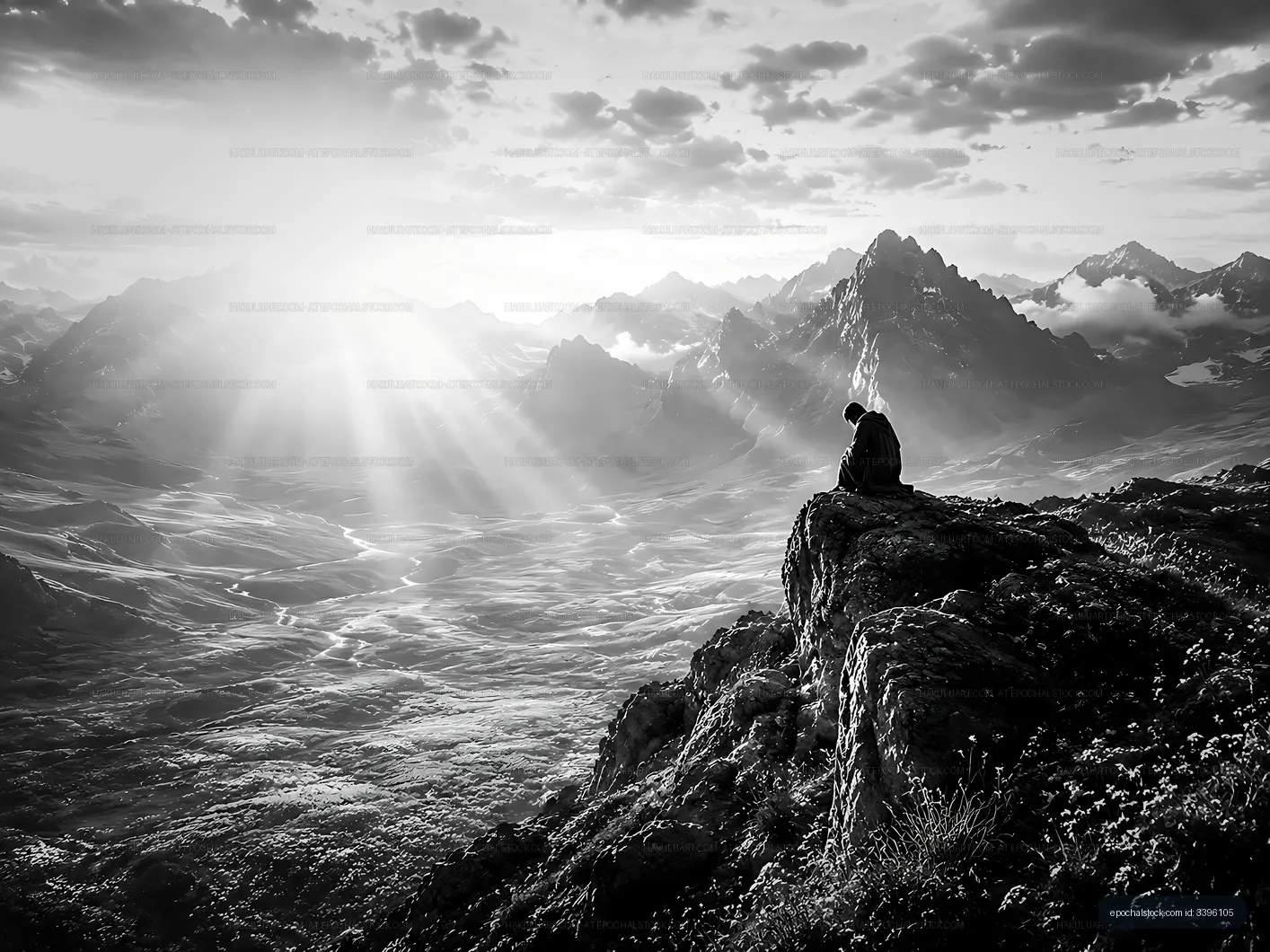 Person sitting on a rock overlooking mountains at sunrise