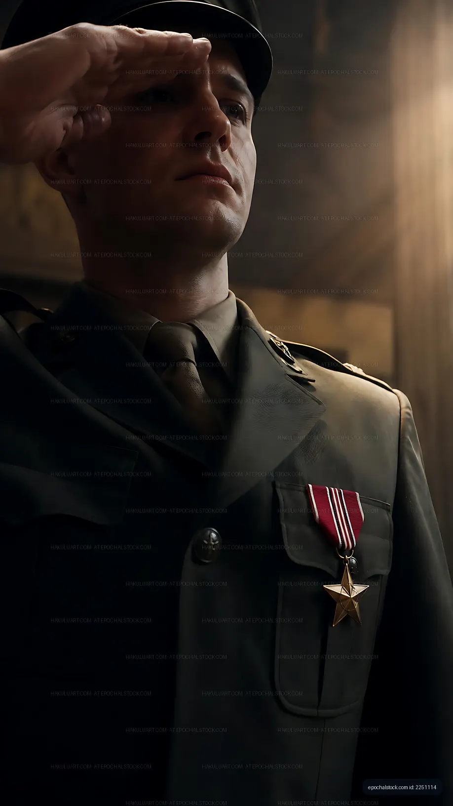 Soldier saluting with medals in dimly lit room
