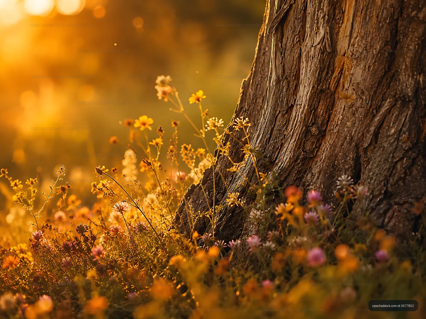 Sunlight shining through flowers at the base of a tree