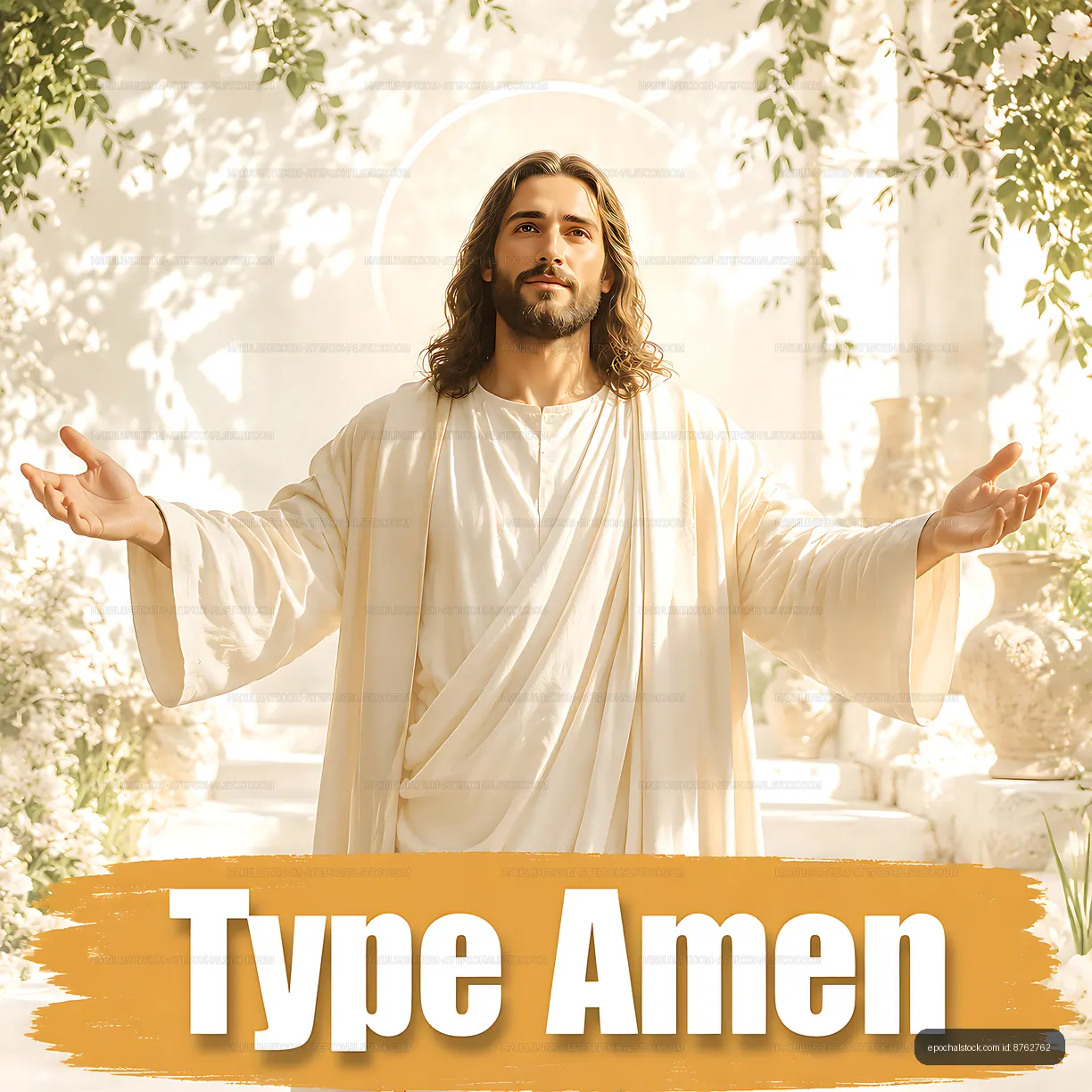 Religious figure with outstretched arms in a bright garden
