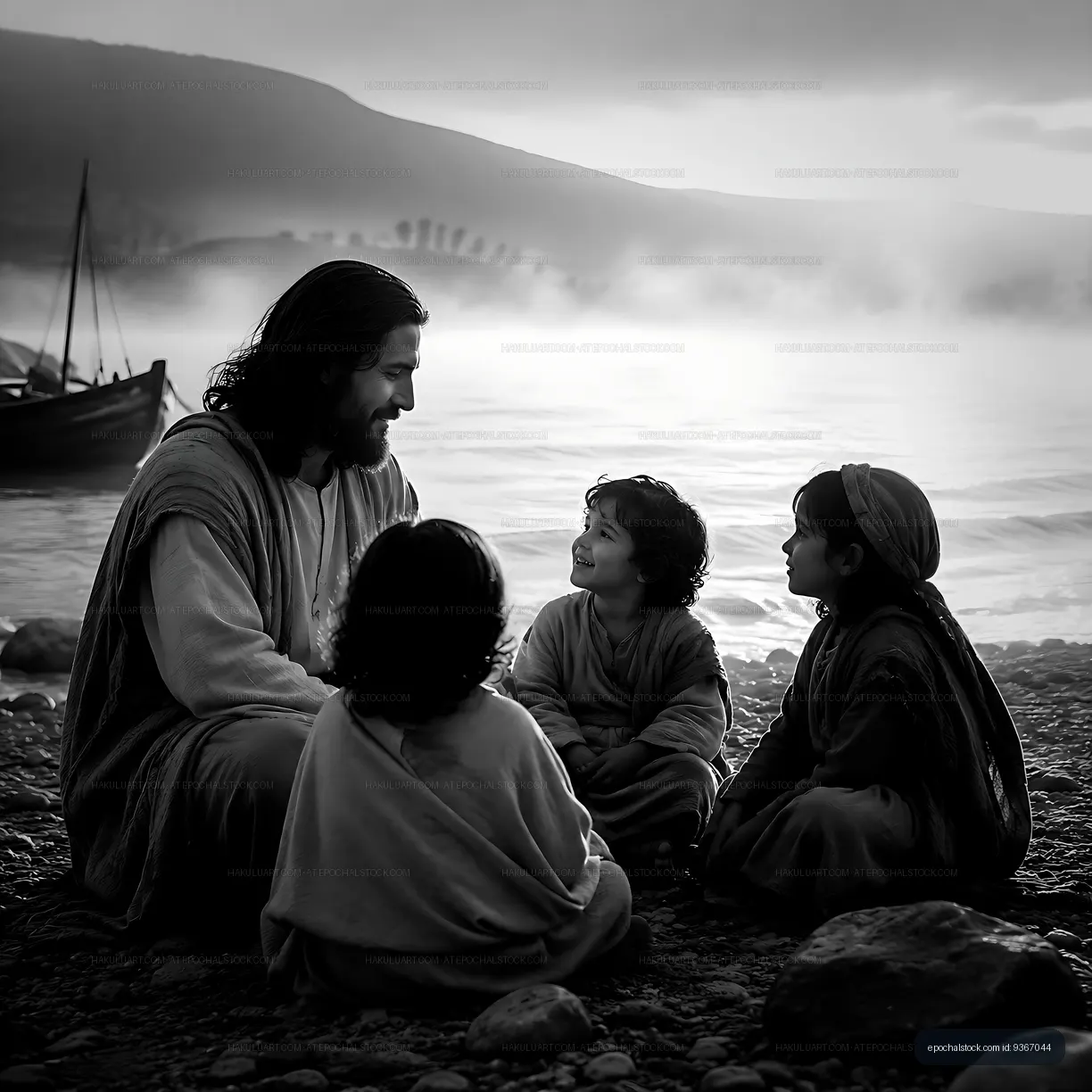 Jesus talks to children by a lake during sunset