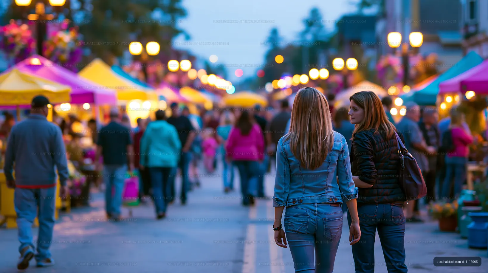 People walking in a market street during evening hours