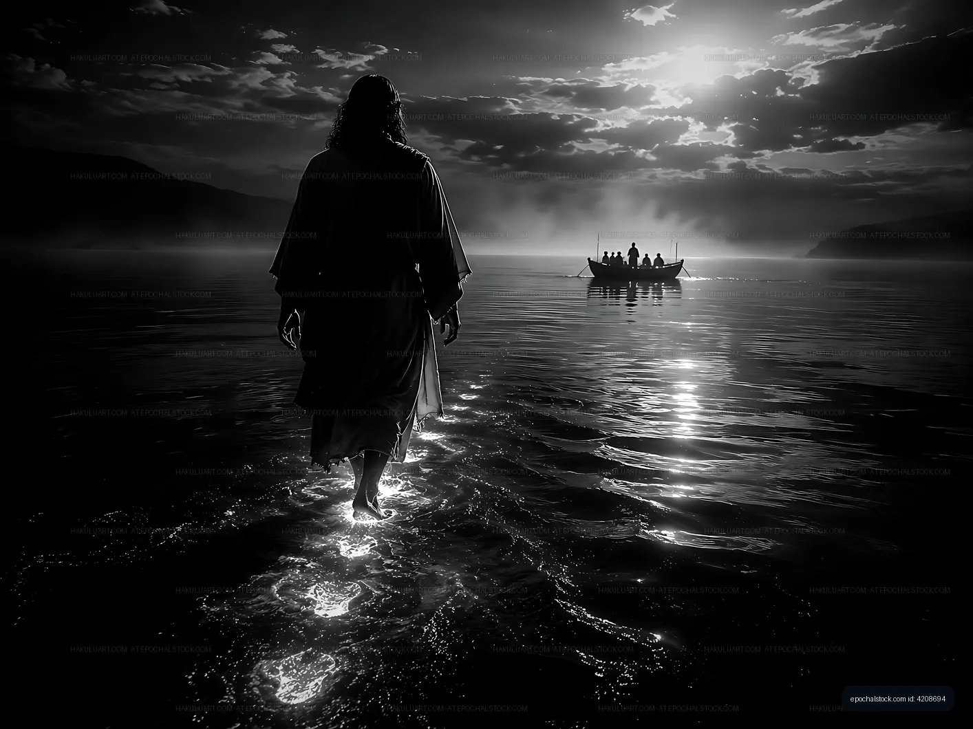 Walking on water at dusk with a boat in the background