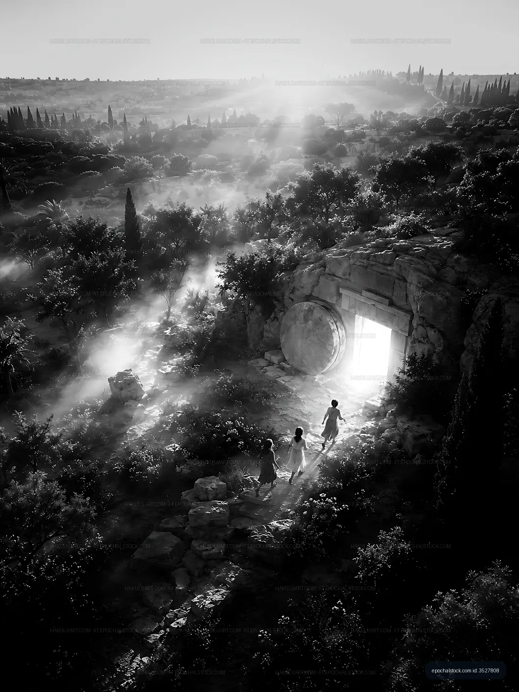 Walk towards the light in a misty rural landscape