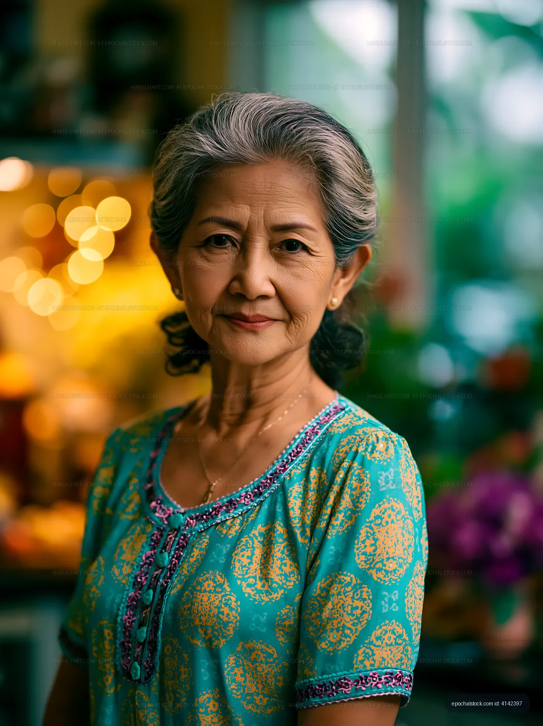 Elderly woman in a colorful blouse standing indoors