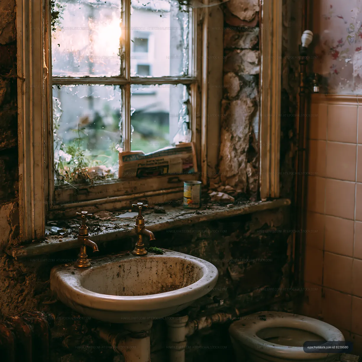 Old bathroom with worn fixtures and overgrown window view