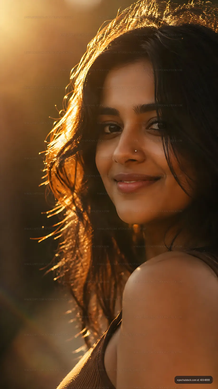 Woman smiling in warm sunlight during outdoor evening
