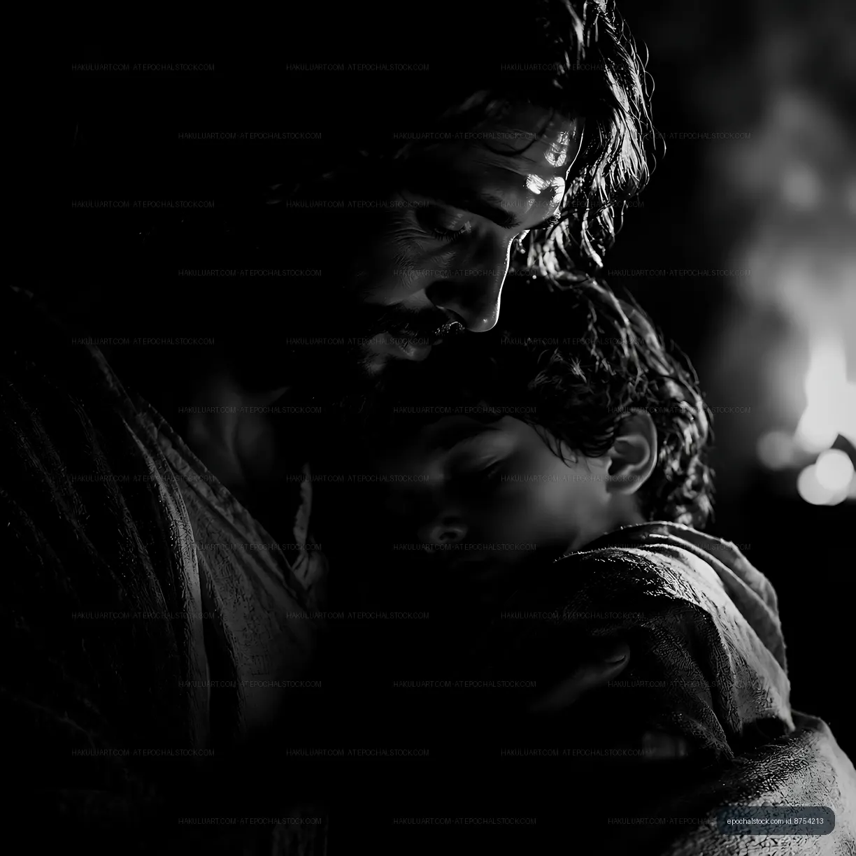 Man holds boy in dark setting with soft light in background