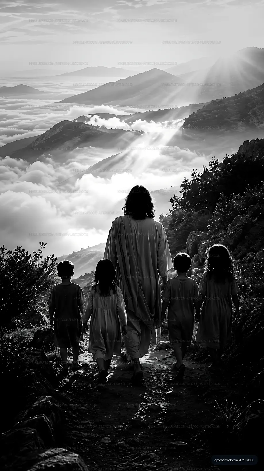 Walking on a mountain trail with children under cloudy skies