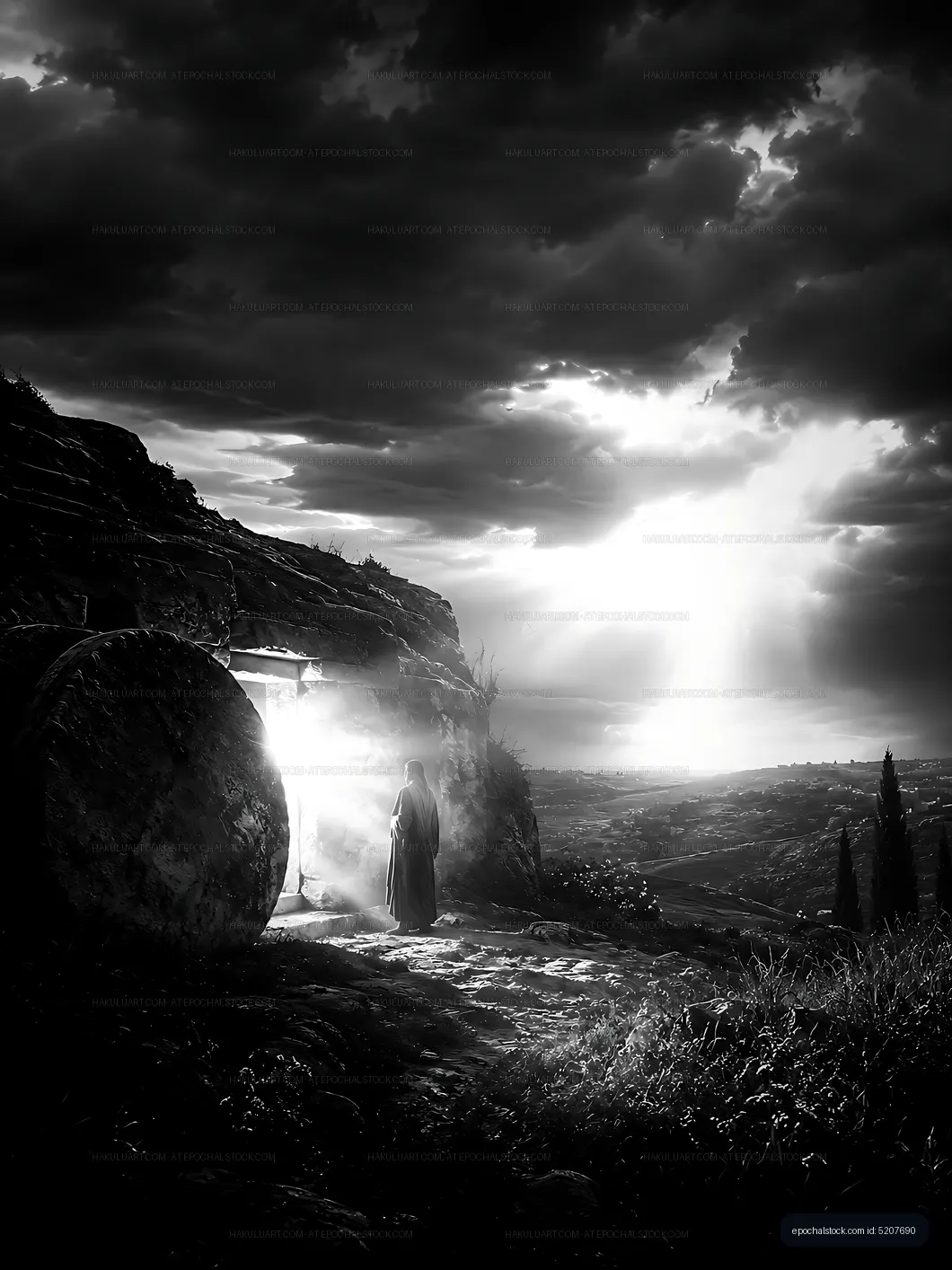 Mysterious figure near ancient stone doorway at dusk