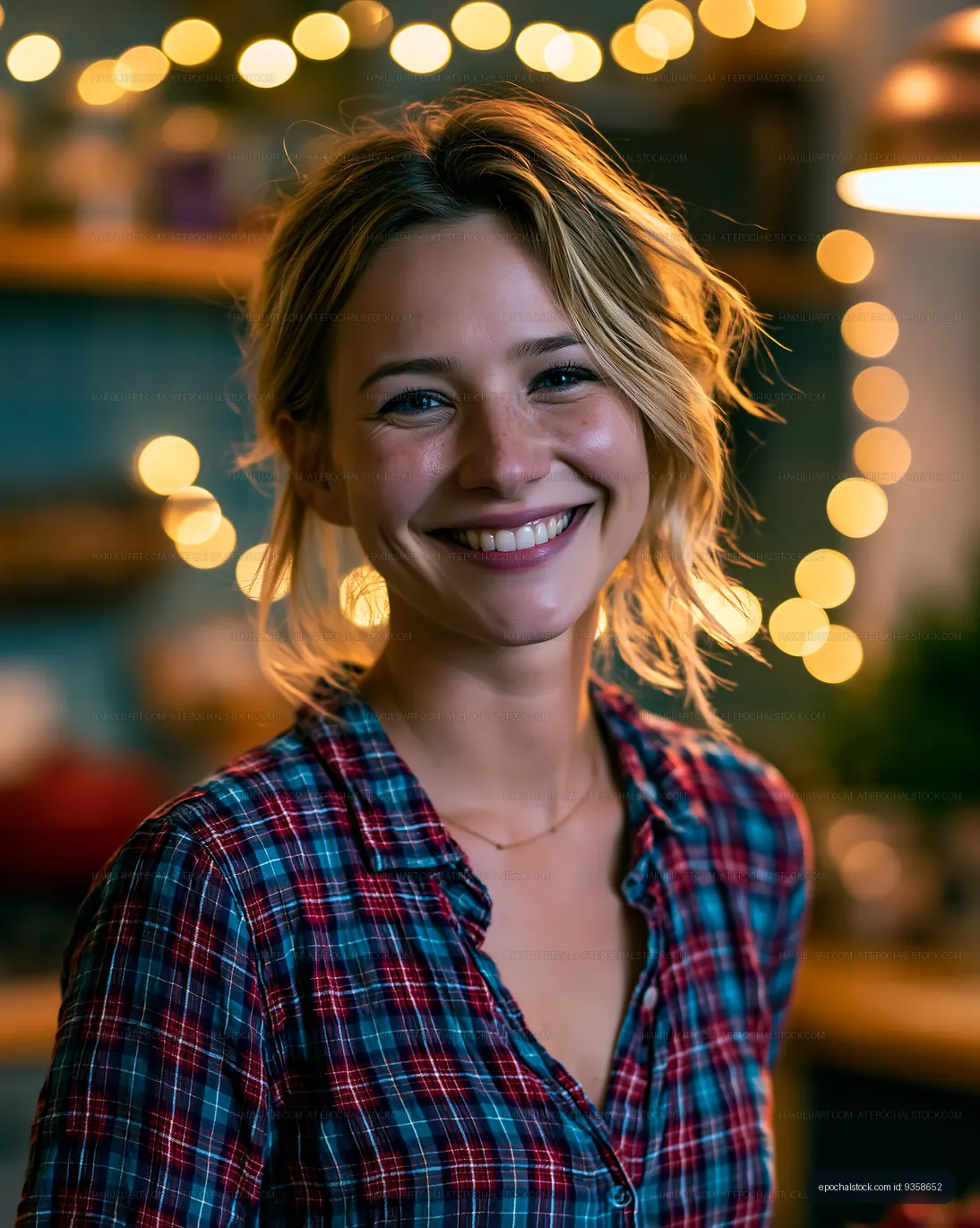 Smiling woman in a cozy kitchen with string lights
