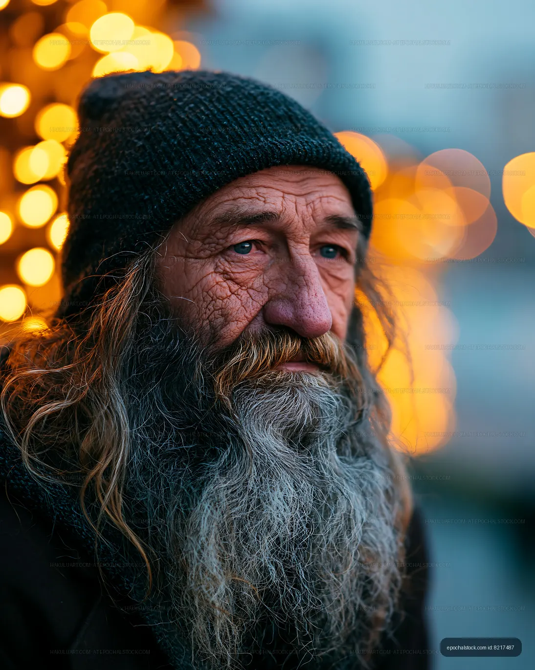 Portrait of an older man with a beard and beanie near lights