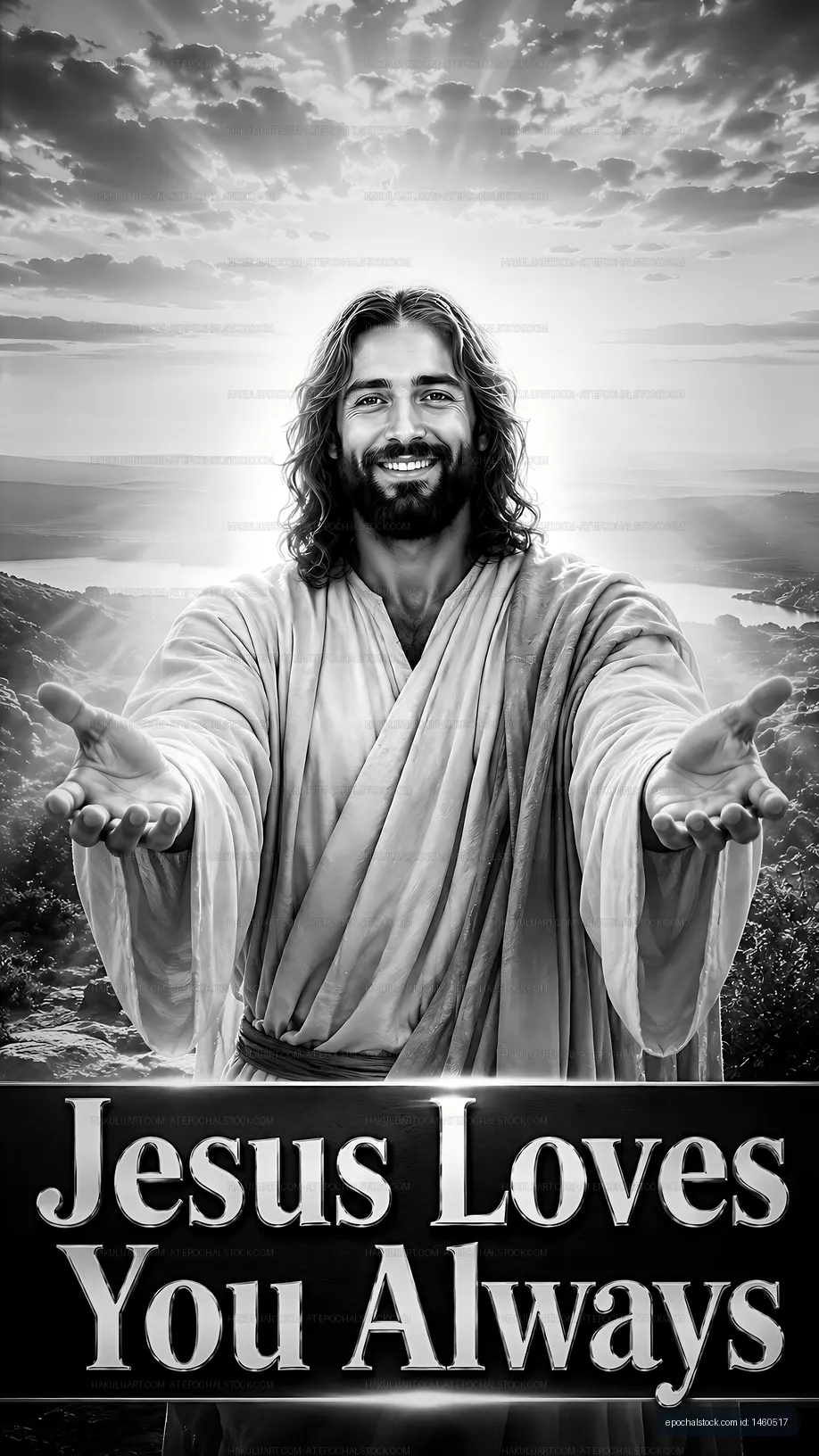 Jesus figure with outstretched arms and the phrase Jesus loves you