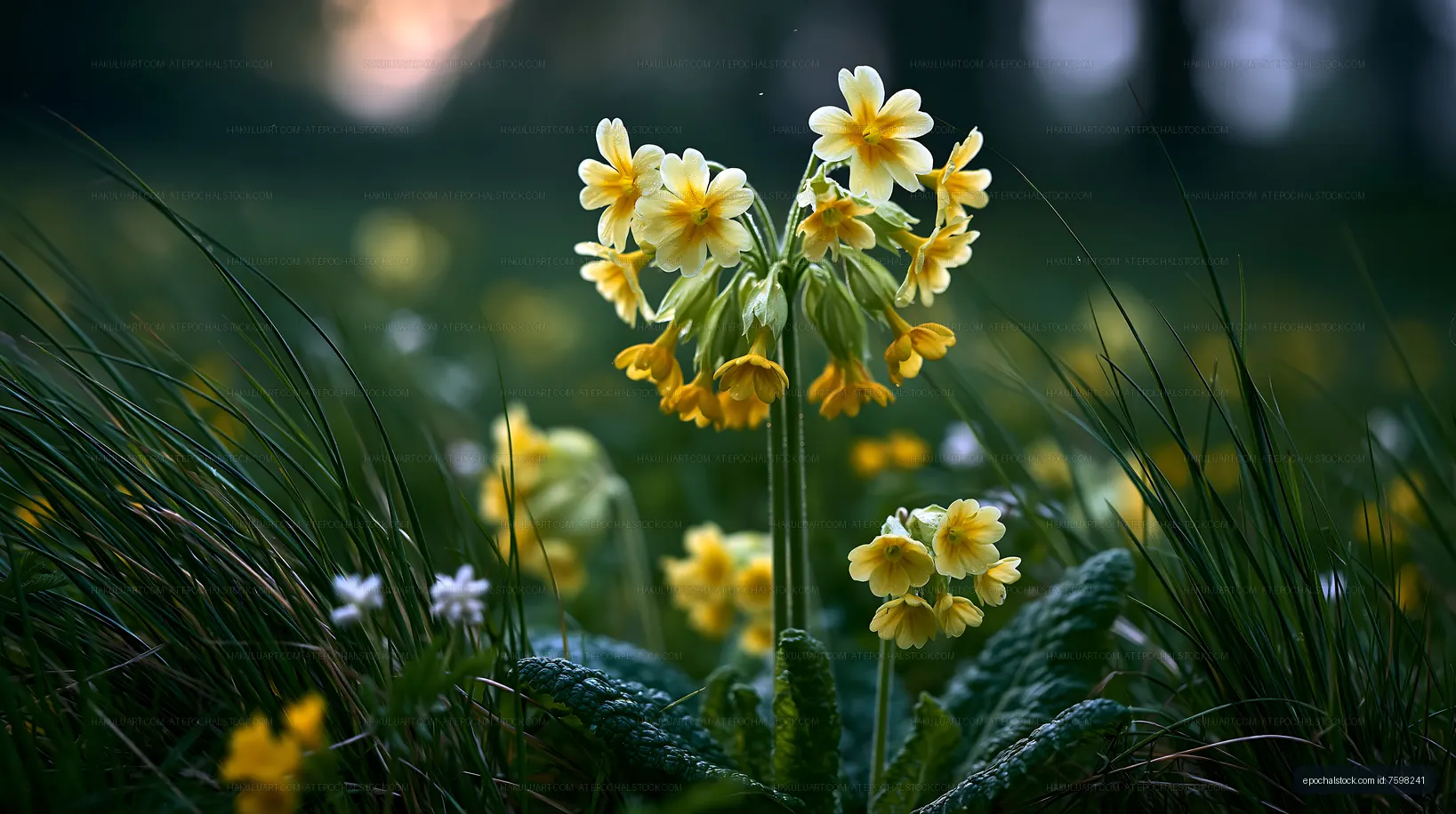 Yellow flowers bloom in a green field during sunset