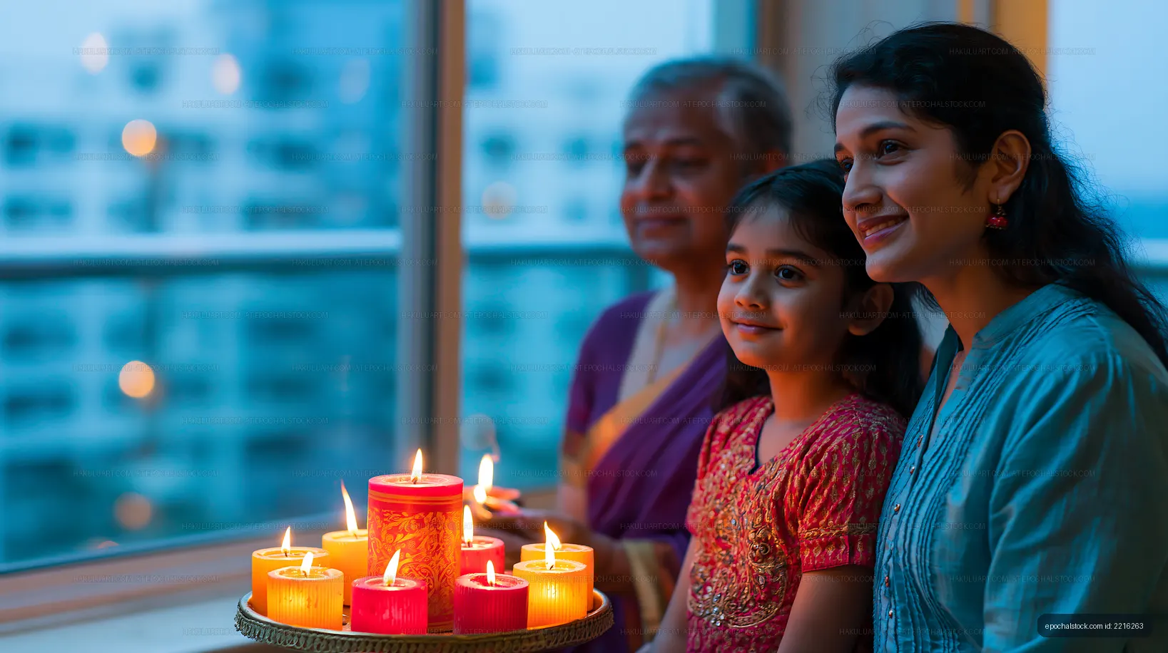Family gathering during a festival with candles and joyful expressions