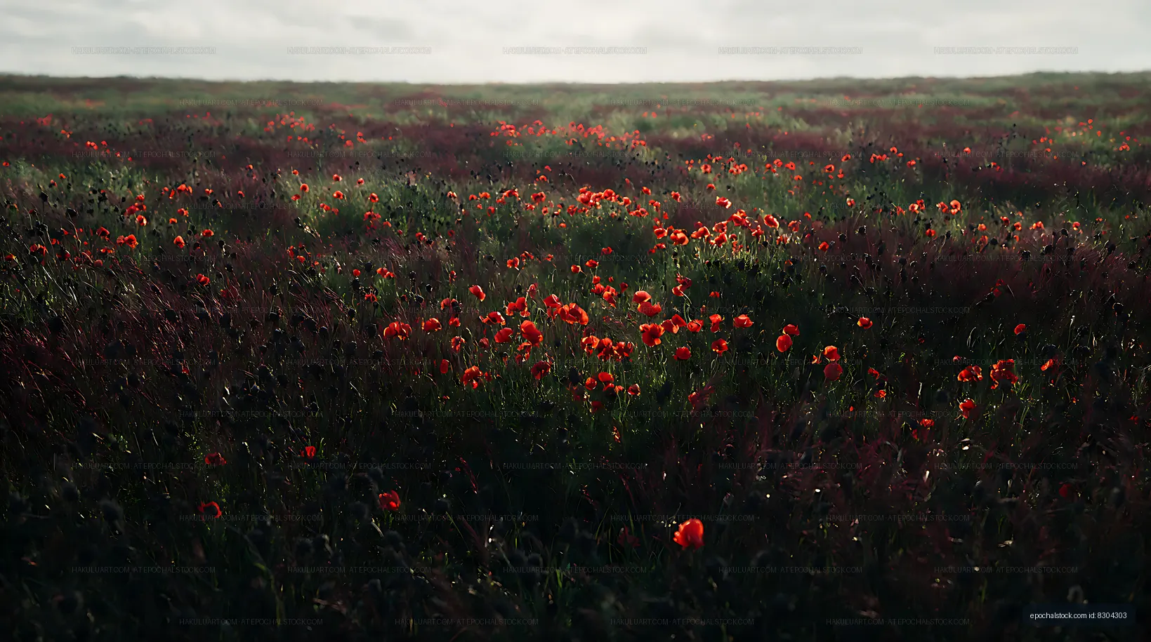 Field of red poppies under a cloudy sky