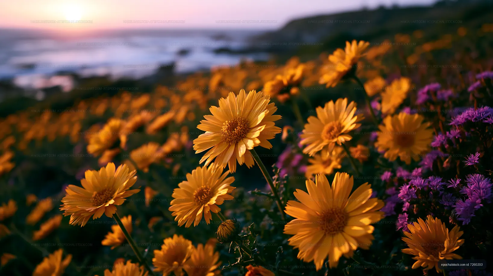 Colorful flowers blooming near the coast at sunset