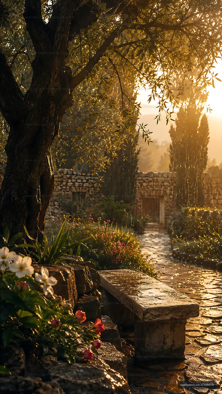 Sunset over garden path with flowers and stone bench