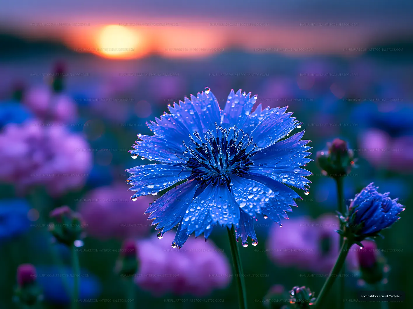 Blue flower with dew drops at sunset in a colorful field