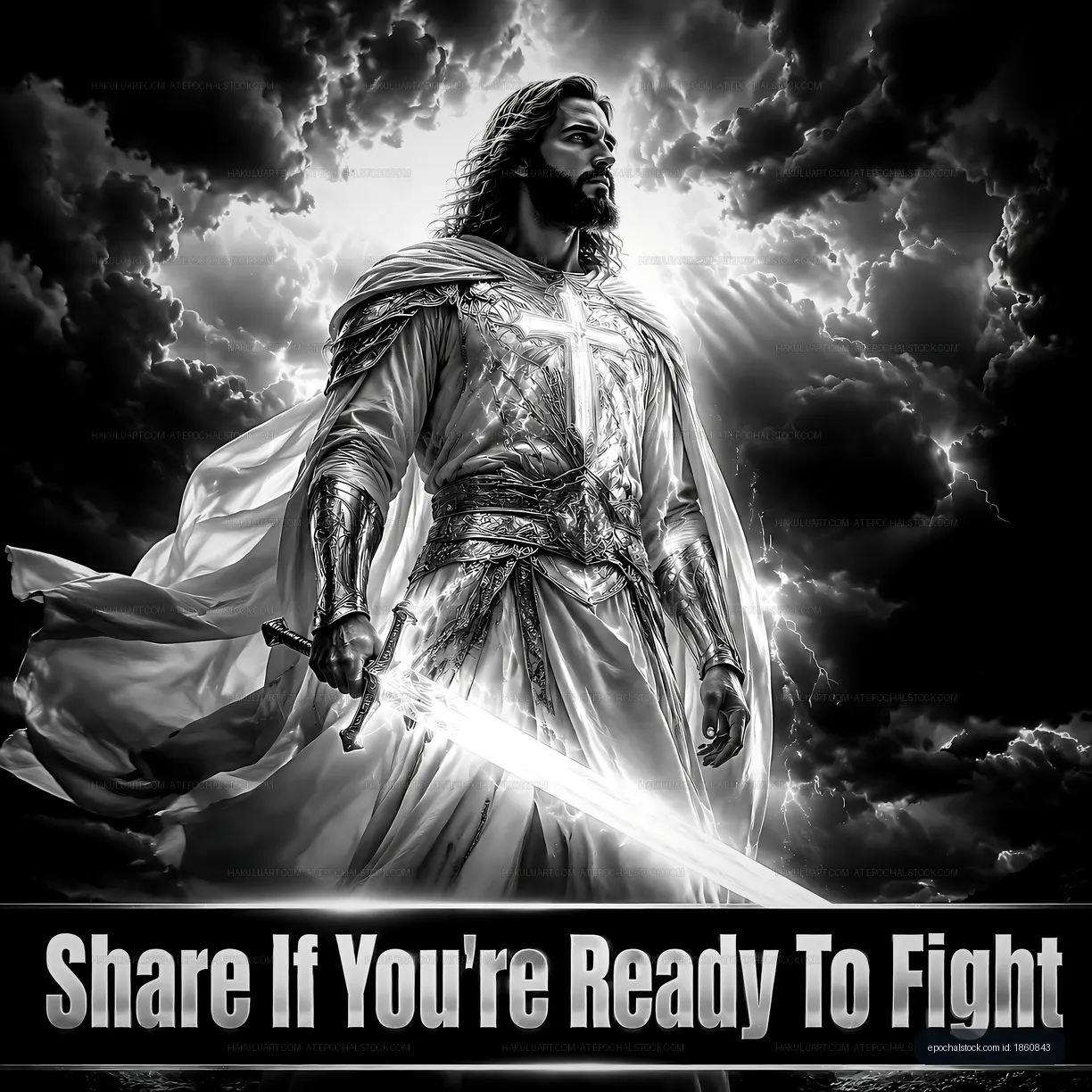 Man with a sword standing against dark clouds in a powerful pose