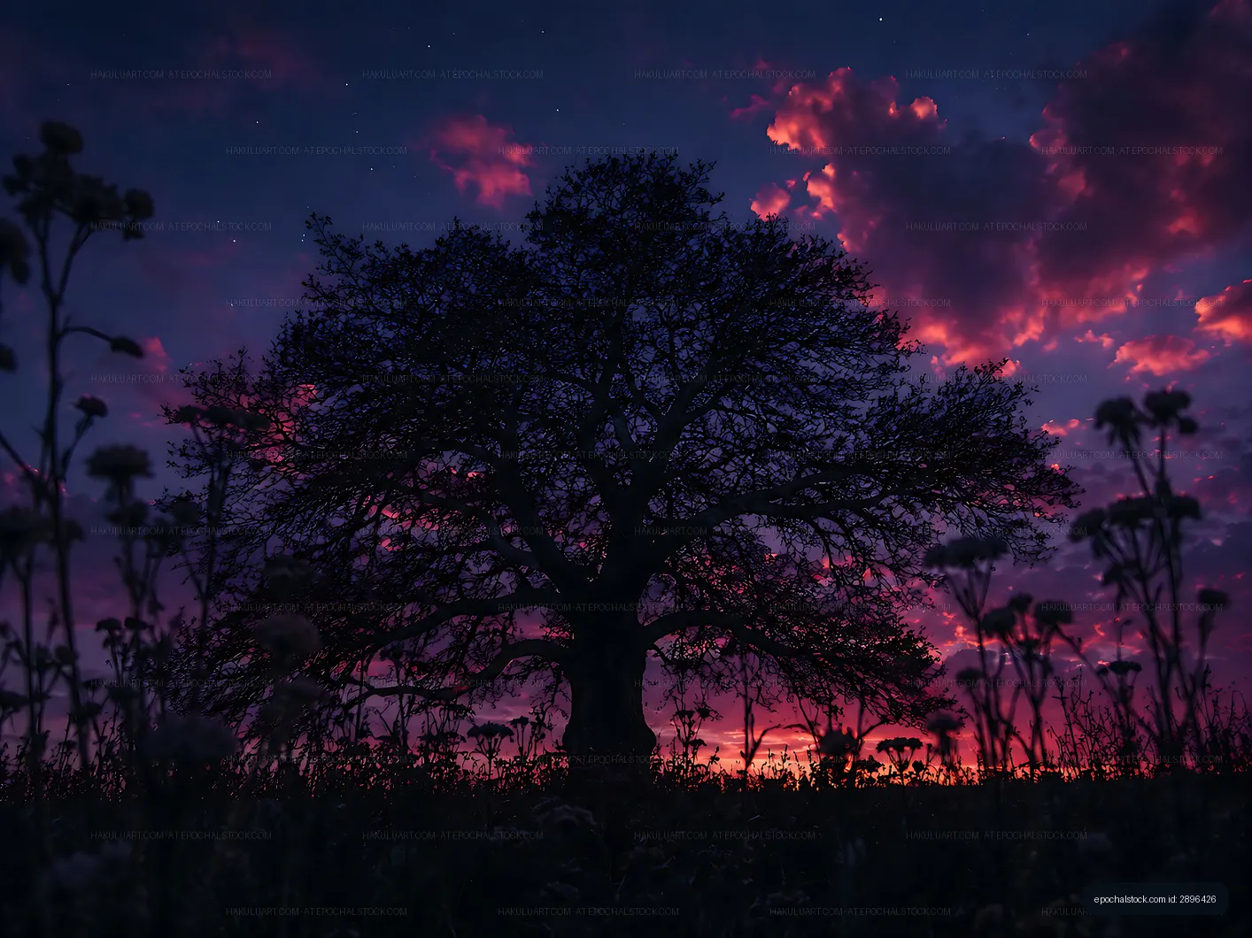 Silhouette of a tree against a colorful sunset sky