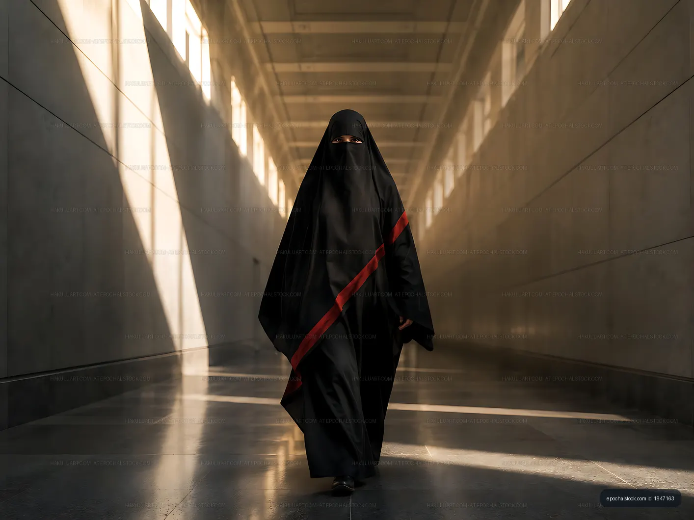 Woman in black attire walking through a corridor with sunlight