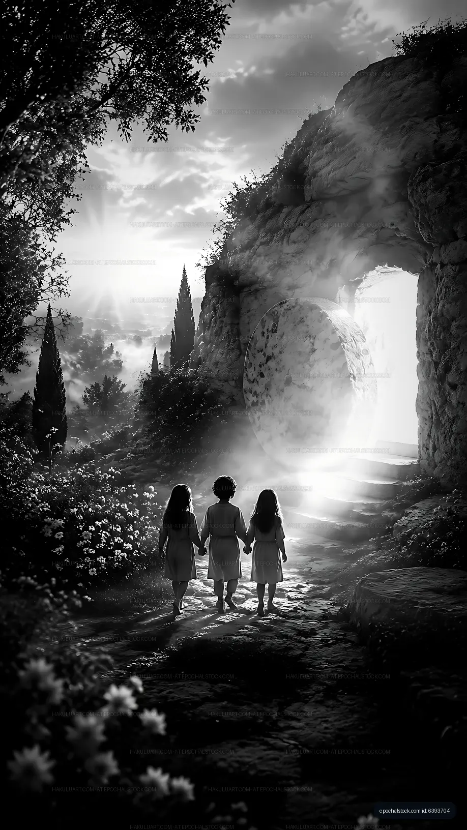 Children walking through a mystical archway in a garden