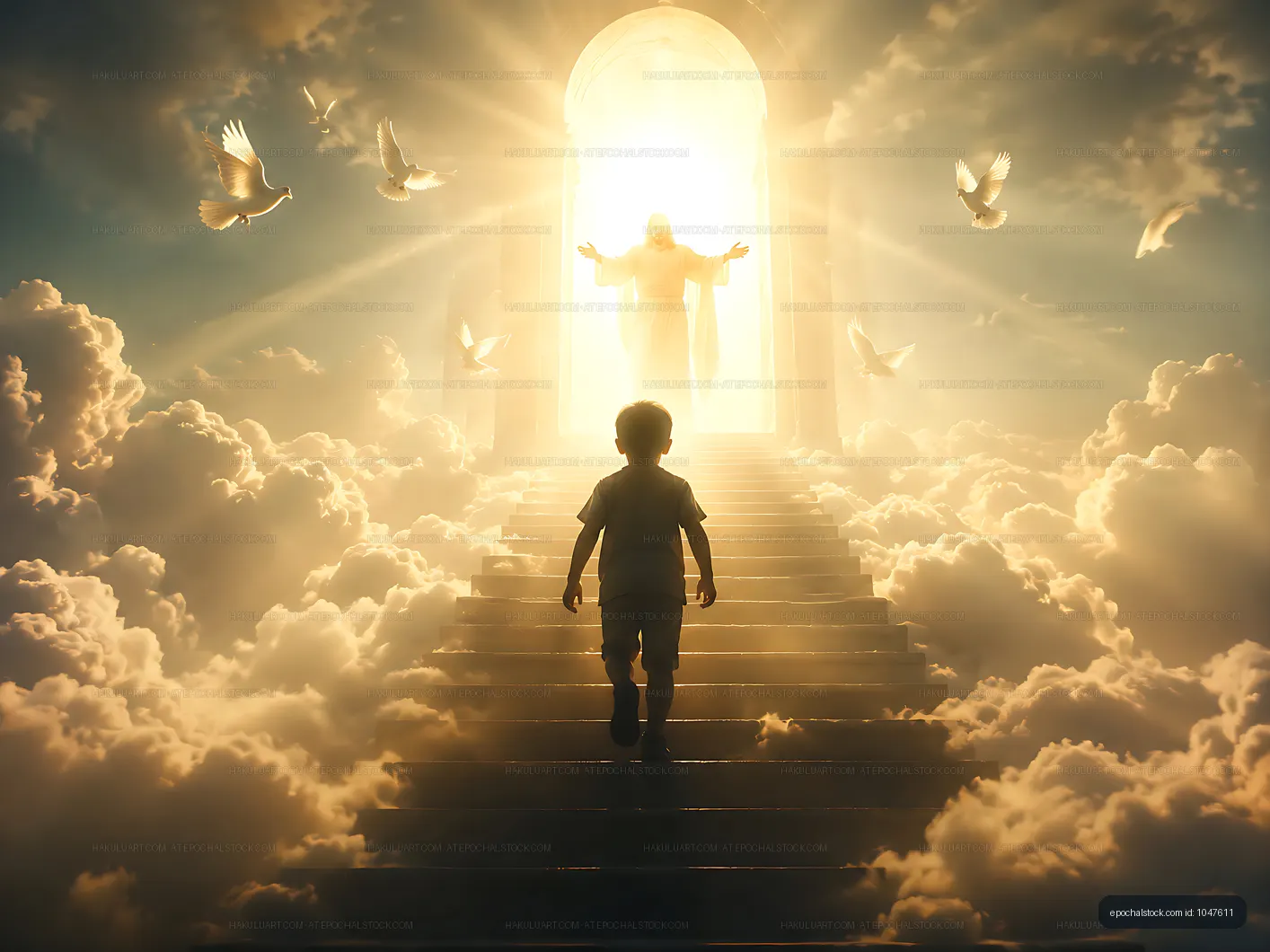 Child walks up stairs towards a light in a cloudy environment