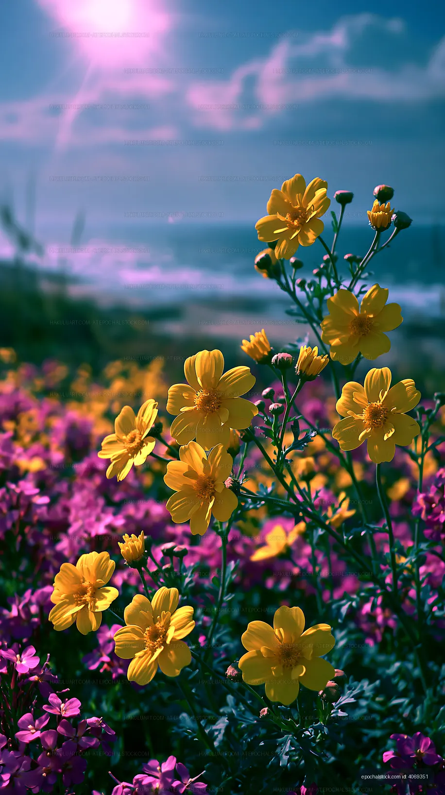 Colorful flowers bloom near the ocean under a bright sun
