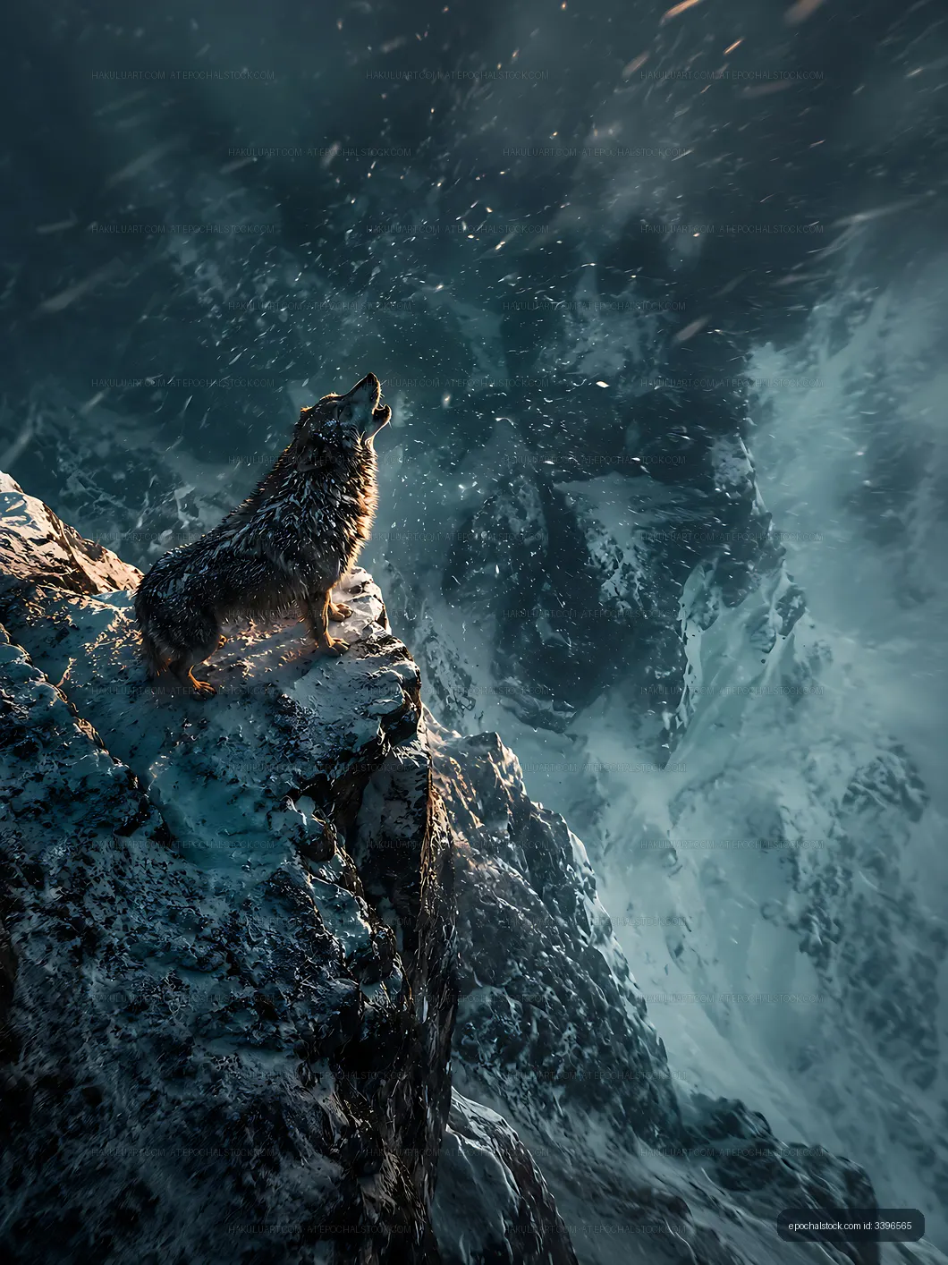 Wolf howling on a snowy mountain cliff in winter