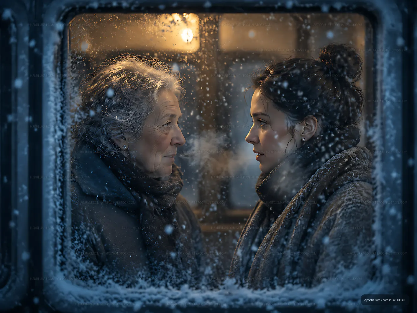 Two people looking at each other through a snowy window