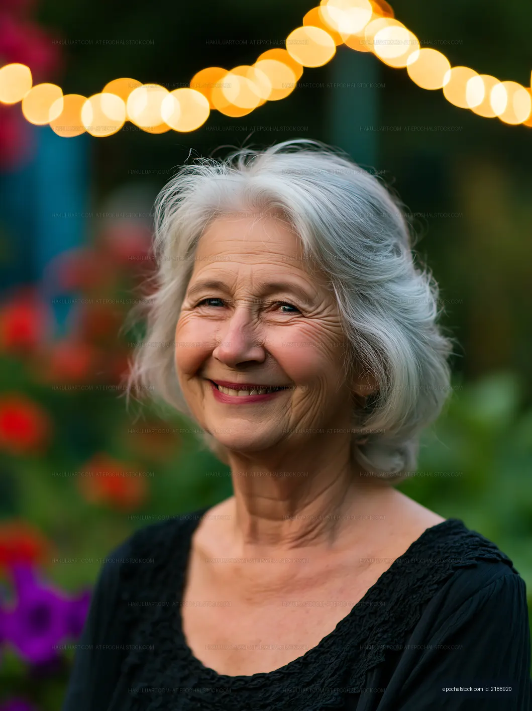 Smiling older woman with white hair in garden setting