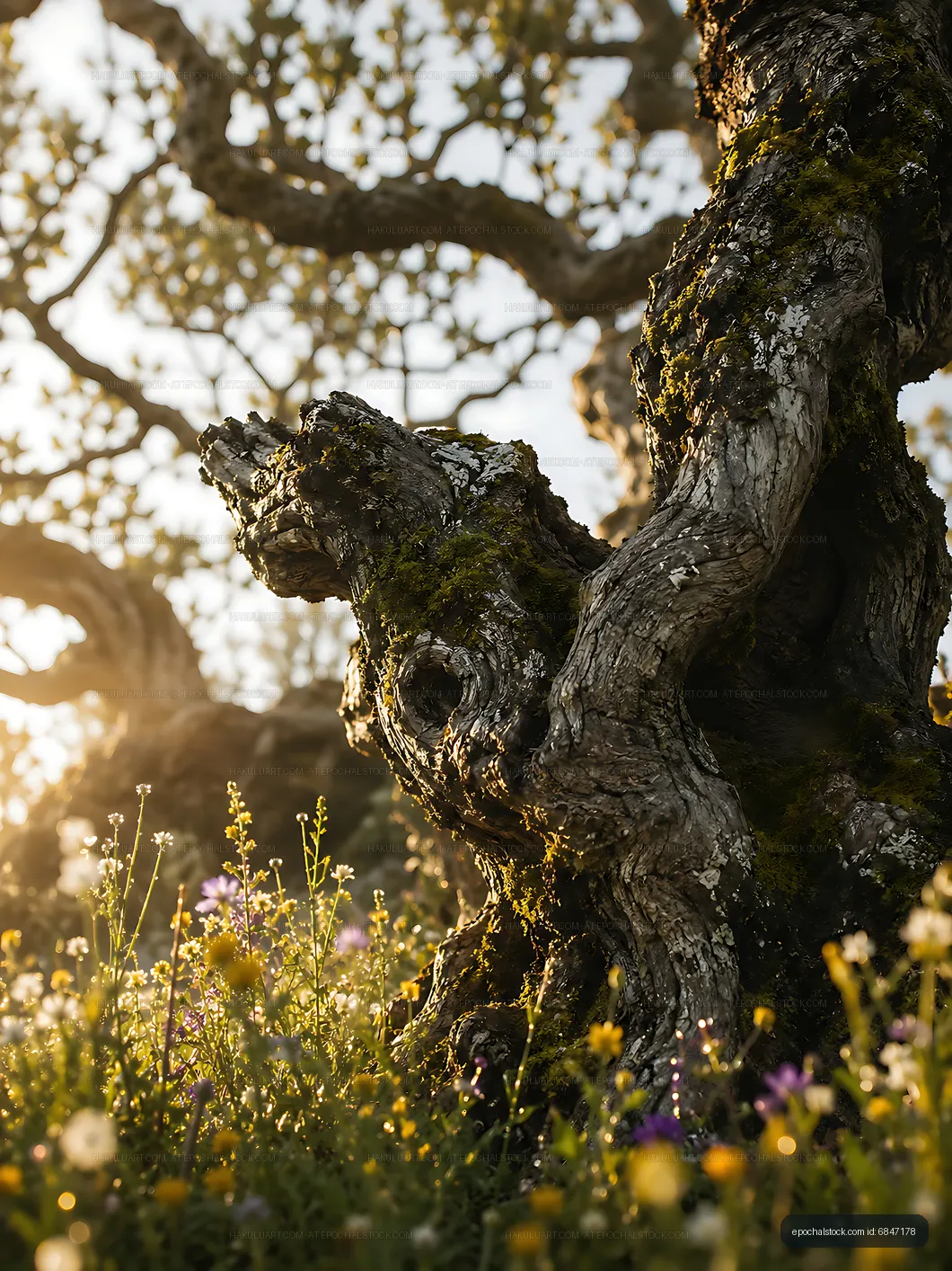 Old tree trunk with twisted bark and wildflowers at sunset