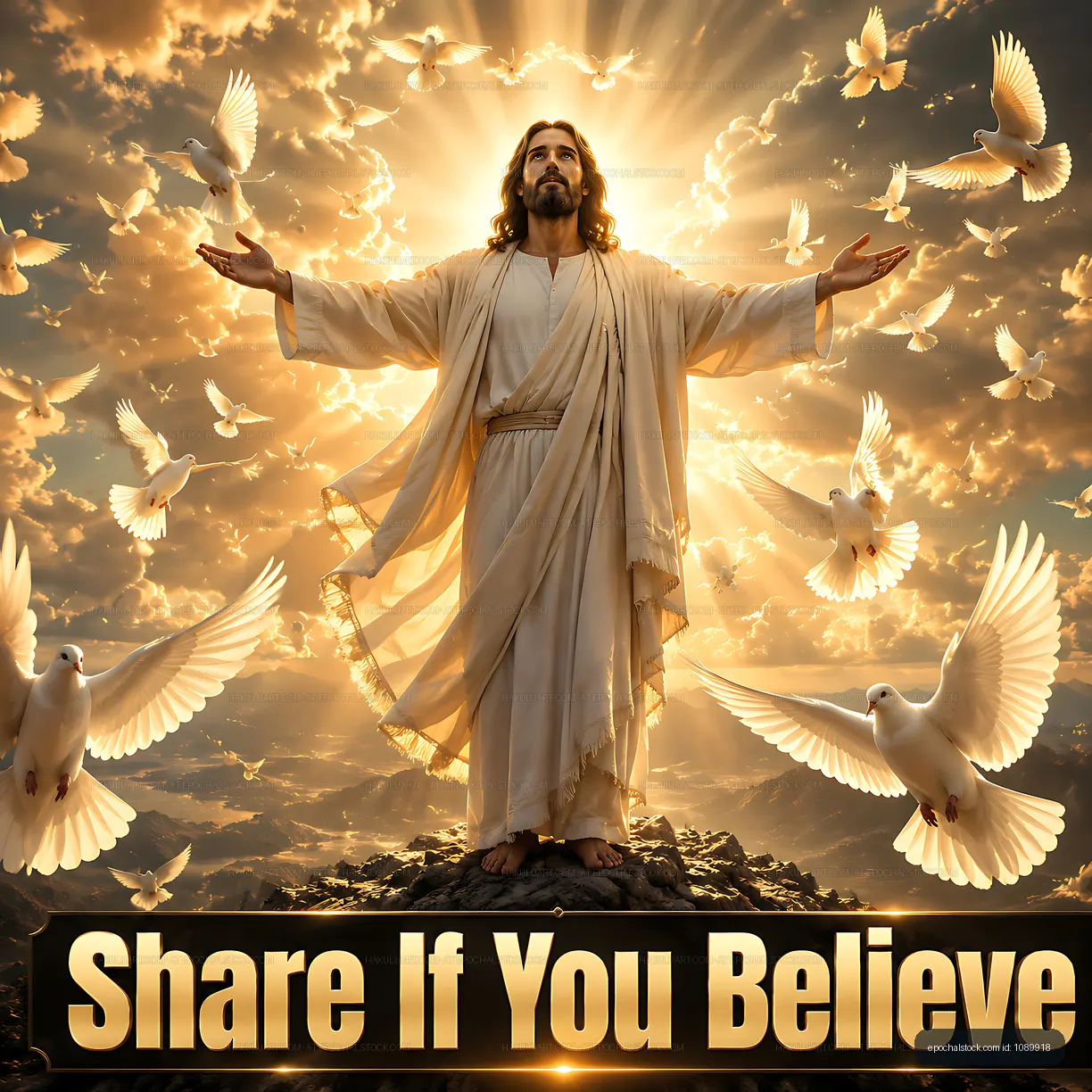 Jesus with doves against a dramatic background of clouds and light