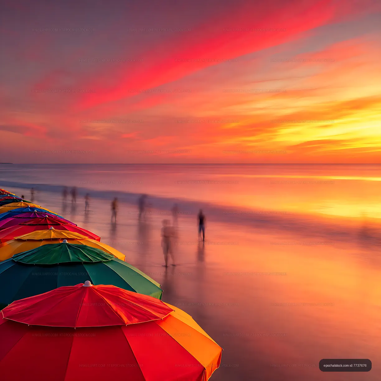 Colorful umbrellas line a beach at sunset with people walking