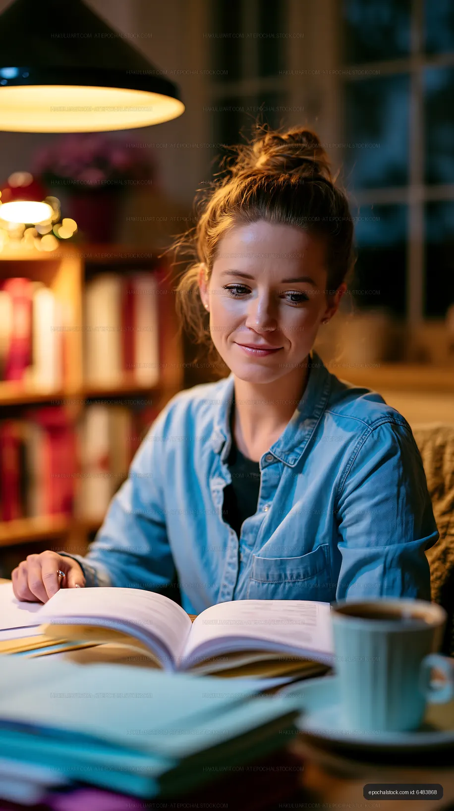 Woman reading a book at home with warm light in the evening