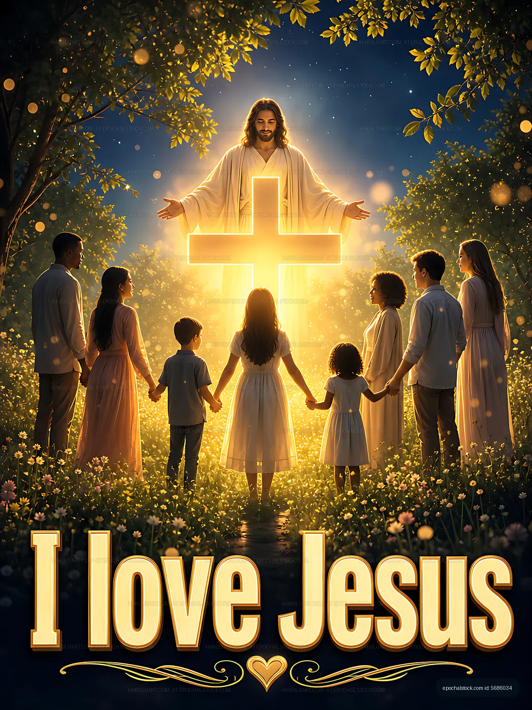 People holding hands around a glowing cross in the forest