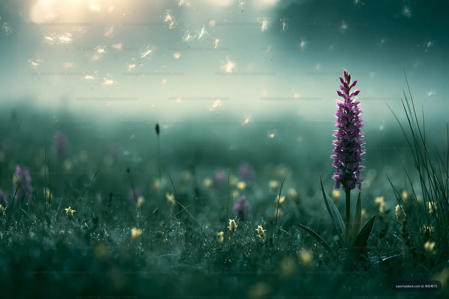 Purple flower stands in a misty field at dawn