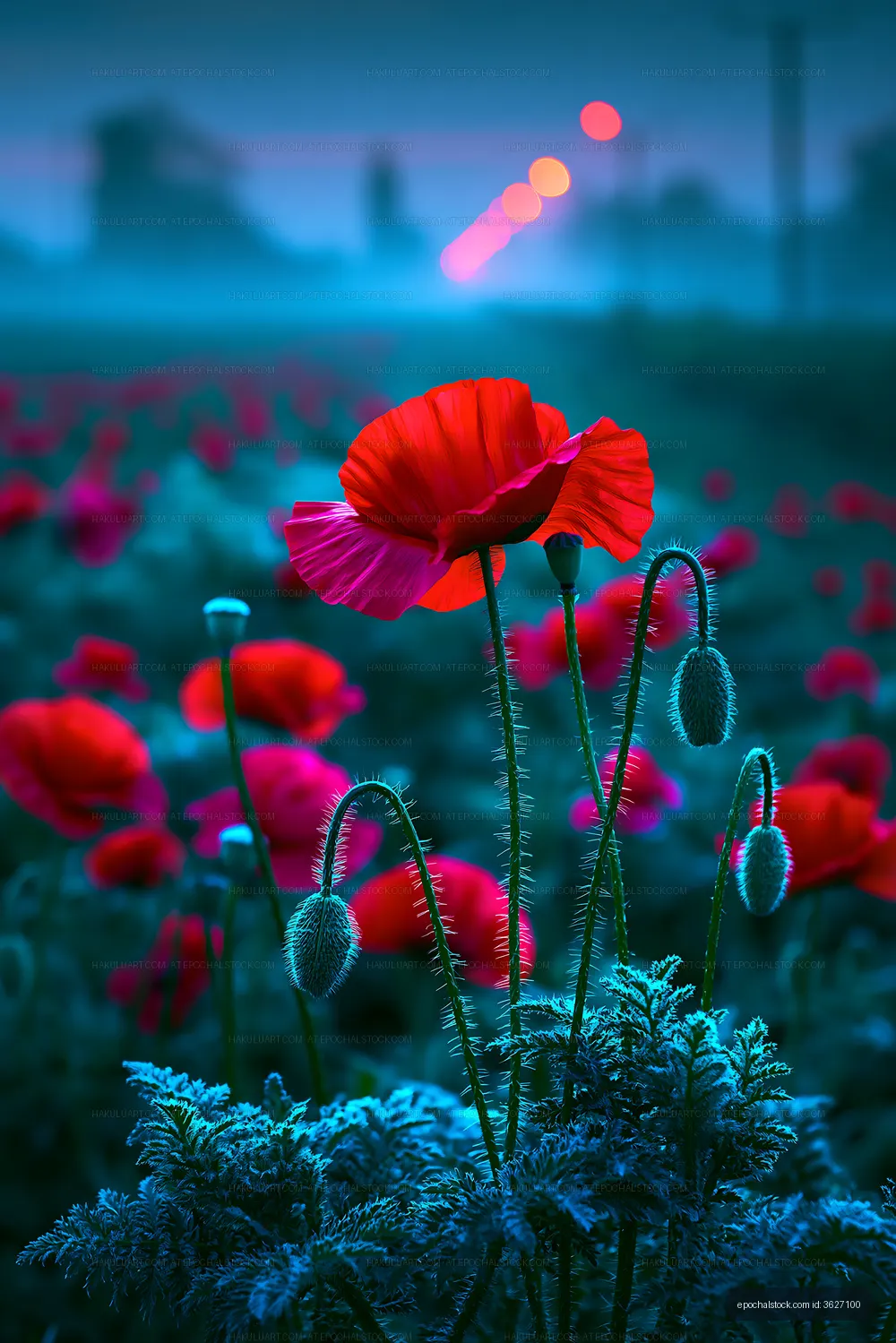 Poppy flowers in a misty field at dawn