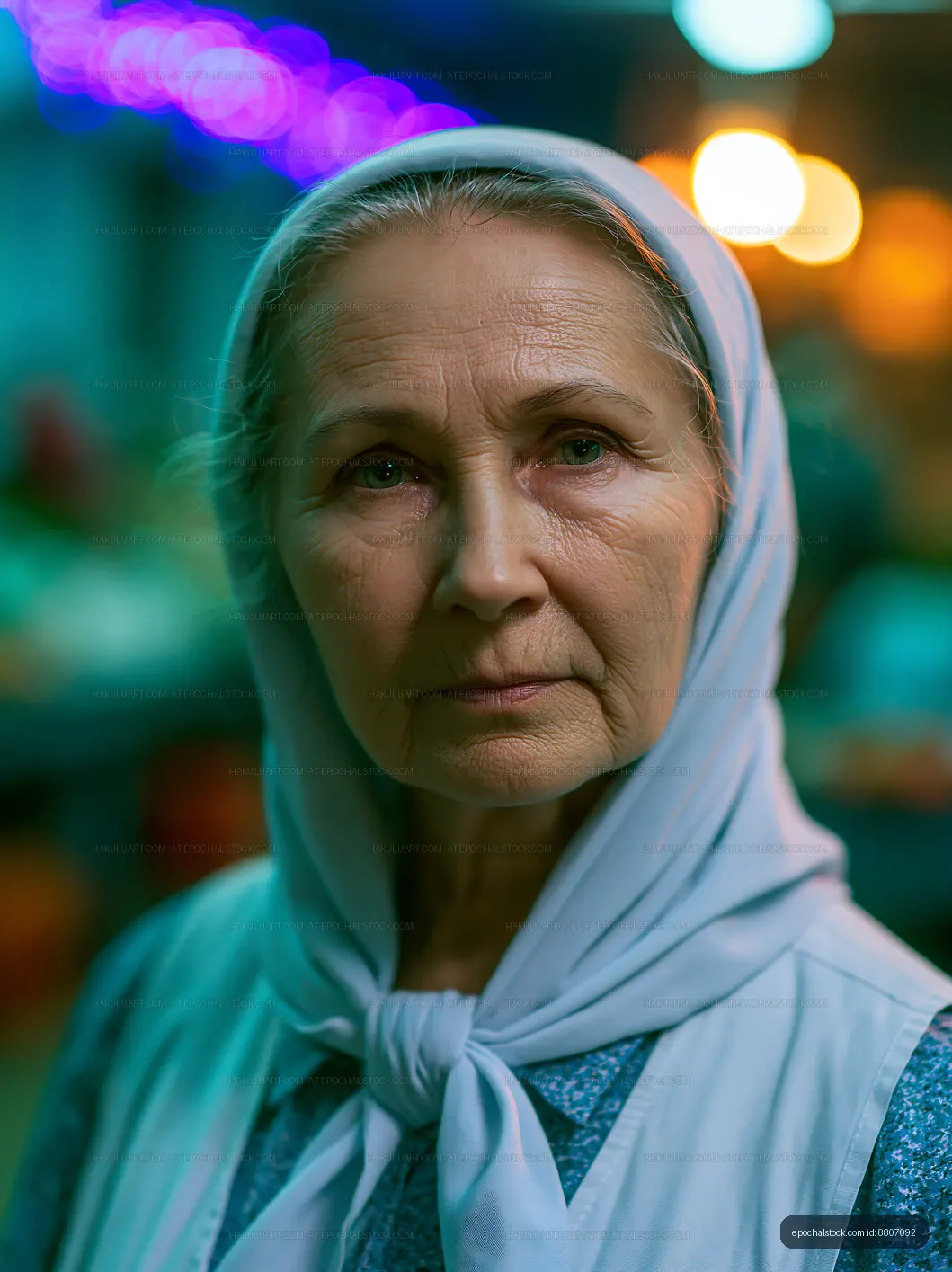 Elderly woman with a headscarf in an urban setting at night