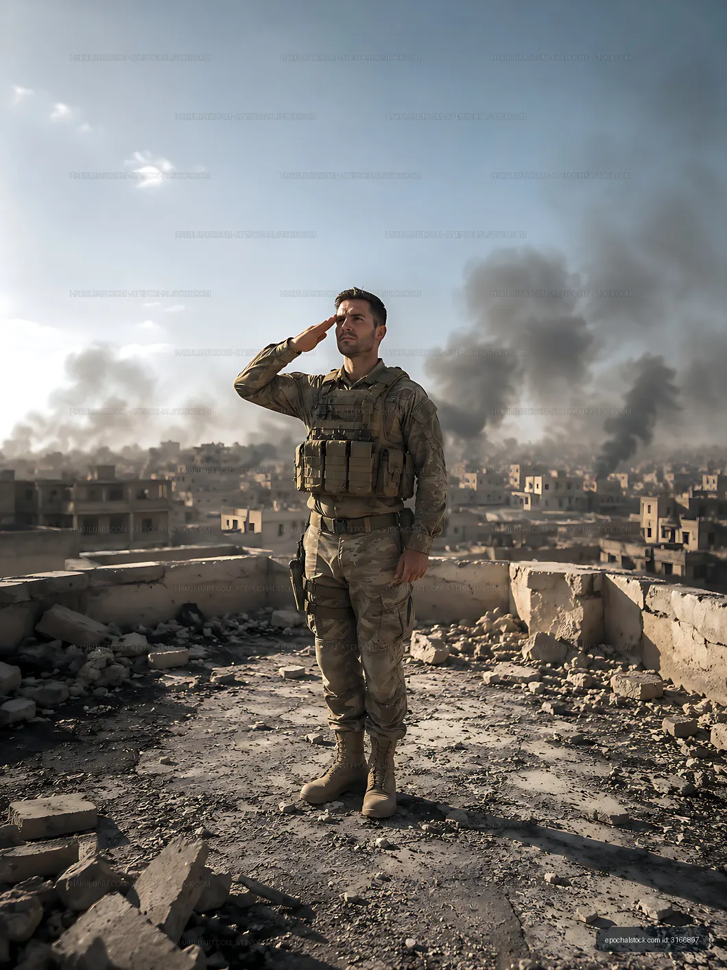 Soldier saluting on rooftop amidst smoke and destruction