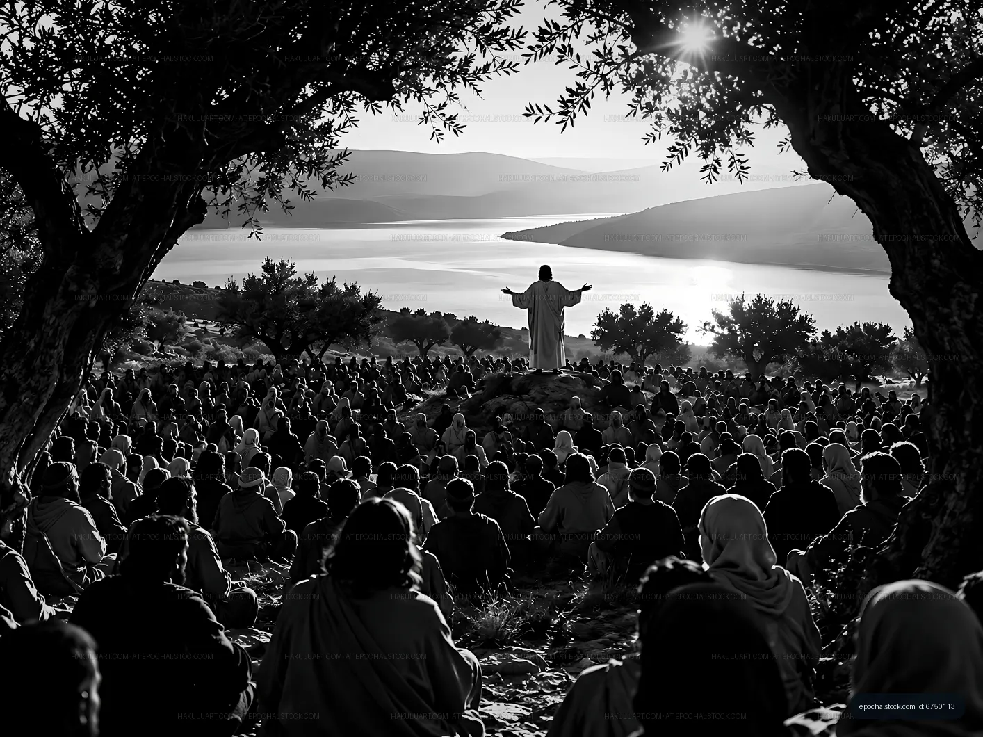 Crowd gathered for a speaker by a lake during the day