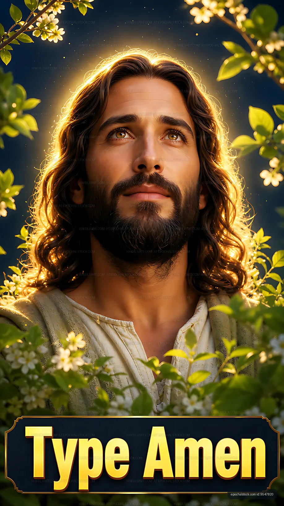 Person with long hair looking up surrounded by leaves and light
